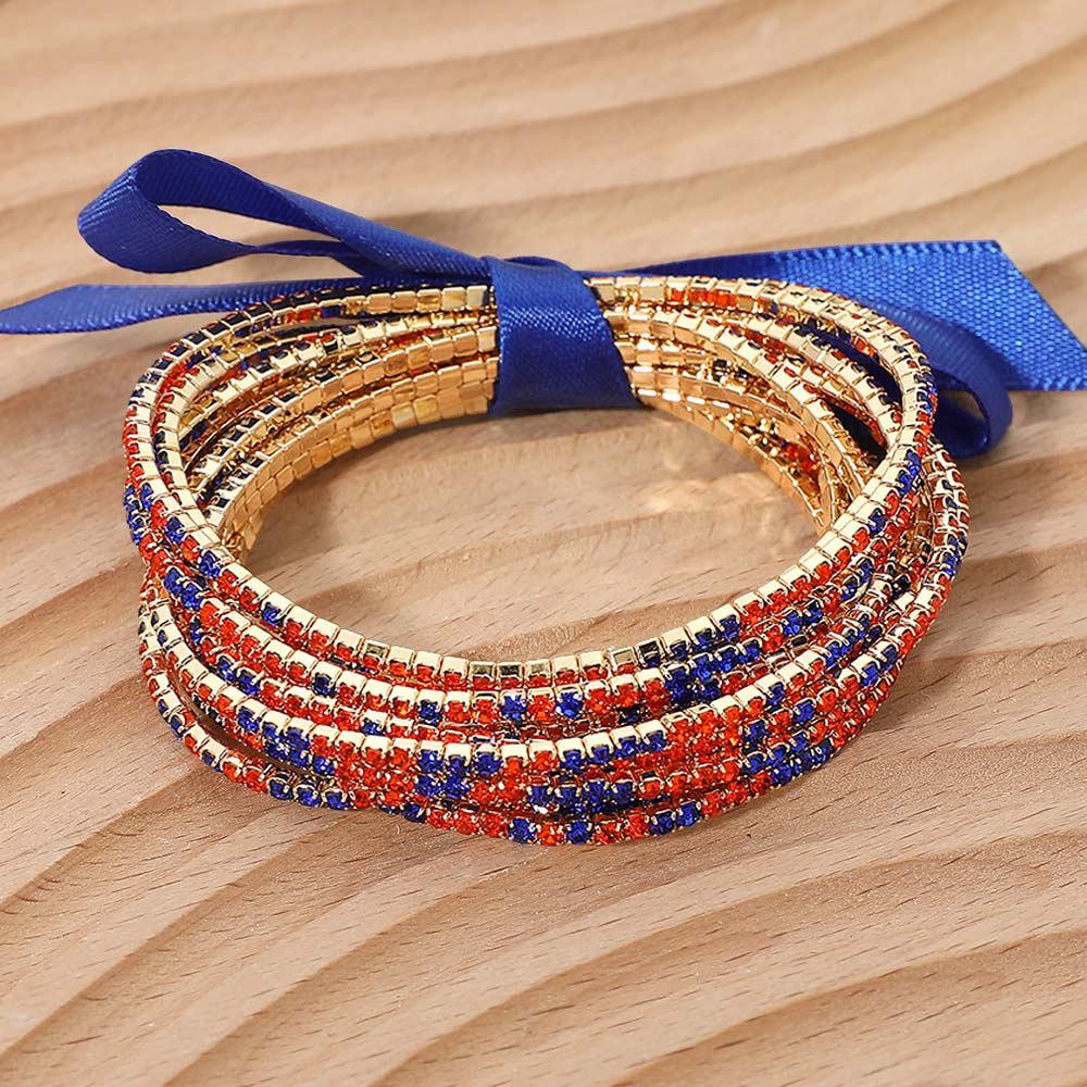 Madeline Love Orange, Sapphire 12PCS - Ribbon Slim Rhinestone Stretch Multi Layered Bracelet - Bracelets