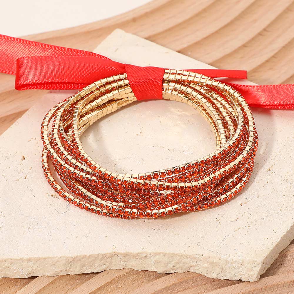 Madeline Love Gold, Orange 12PCS - Ribbon Slim Rhinestone Stretch Multi Layered Bracelet - Bracelets