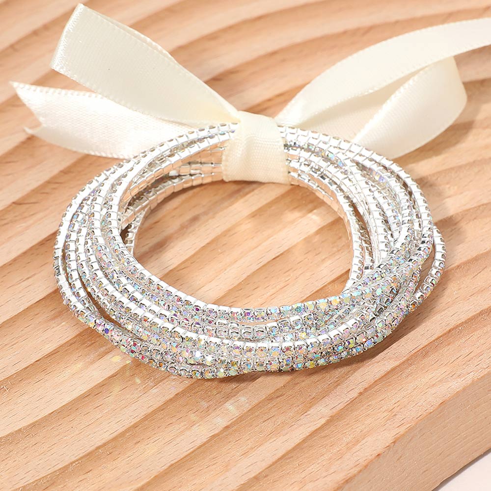 Madeline Love AB, Silver Ribbon Slim Rhinestone Stretch Multi Layered Bracelet