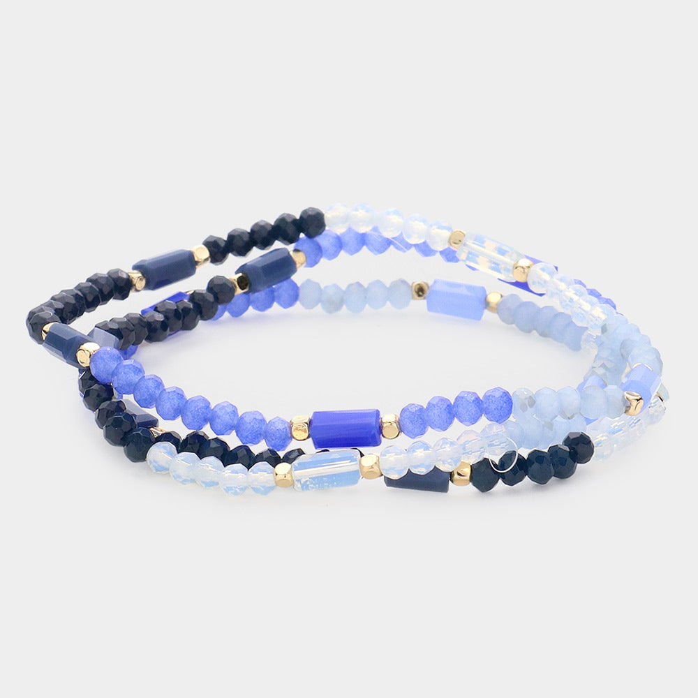Madeline Love Blue, Multi 3PCS - Faceted Rectangle Beaded Stretch Bracelets