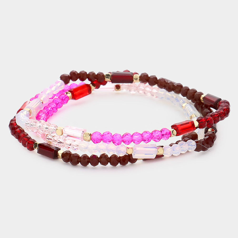 Madeline Love Burgundy, Multi 3PCS - Faceted Rectangle Beaded Stretch Bracelets