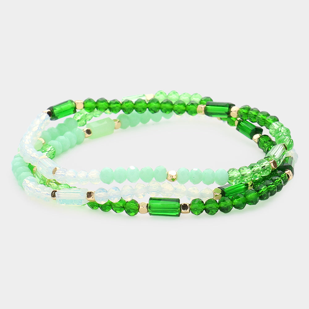 Madeline Love Green, Multi 3PCS - Faceted Rectangle Beaded Stretch Bracelets