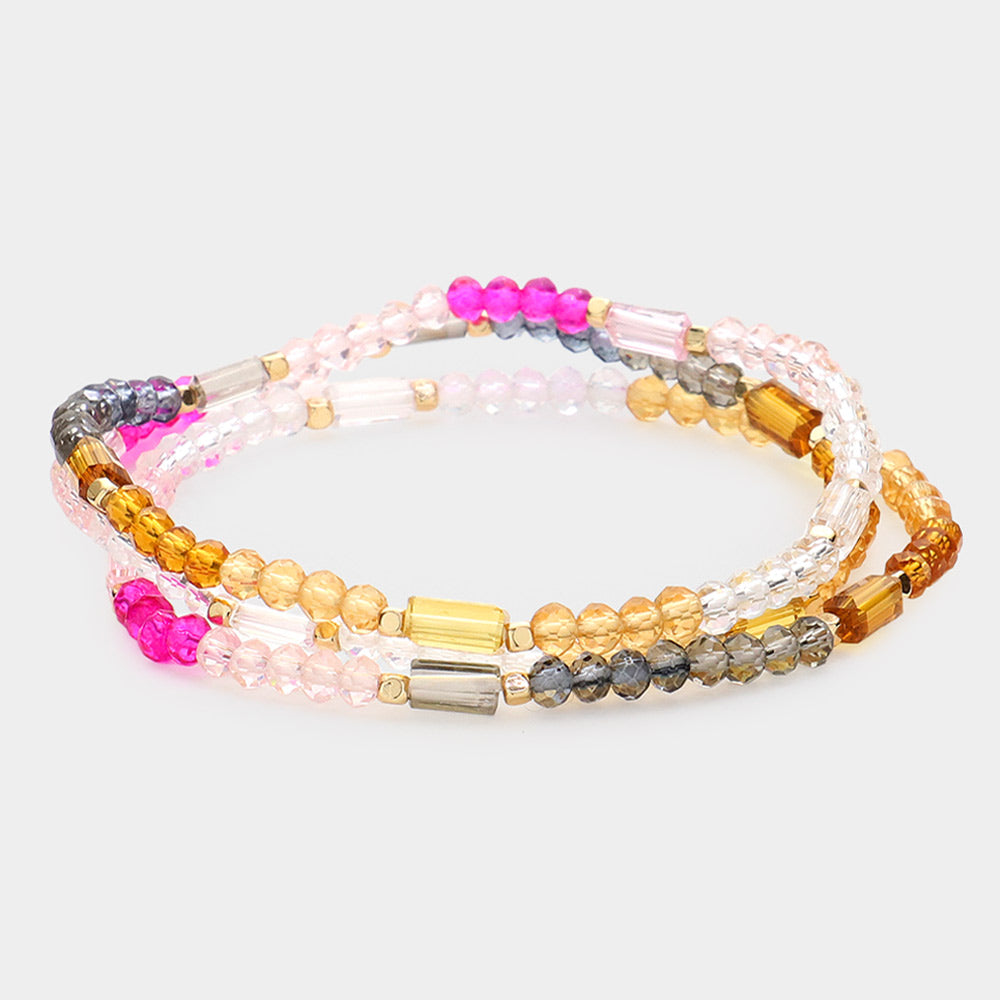 Madeline Love Multi, White 3PCS - Faceted Rectangle Beaded Stretch Bracelets