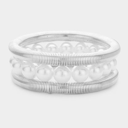 Madeline Love Cream, Rhodium 3PCS - Pearl Beaded Metal Cable Multi Layered Stretch Bracelets