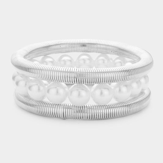 Madeline Love Cream, Rhodium 3PCS - Pearl Beaded Metal Cable Multi Layered Stretch Bracelets