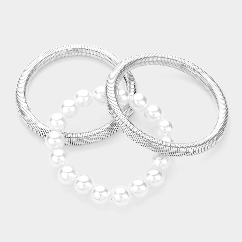 Madeline Love Cream, Rhodium 3PCS - Pearl Beaded Metal Cable Multi Layered Stretch Bracelets - desc