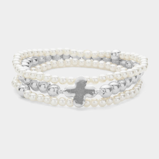 Madeline Love Cream, Rhodium 3PCS - Quatrefoil Pointed Pearl Stretch Multi Layered Bracelets