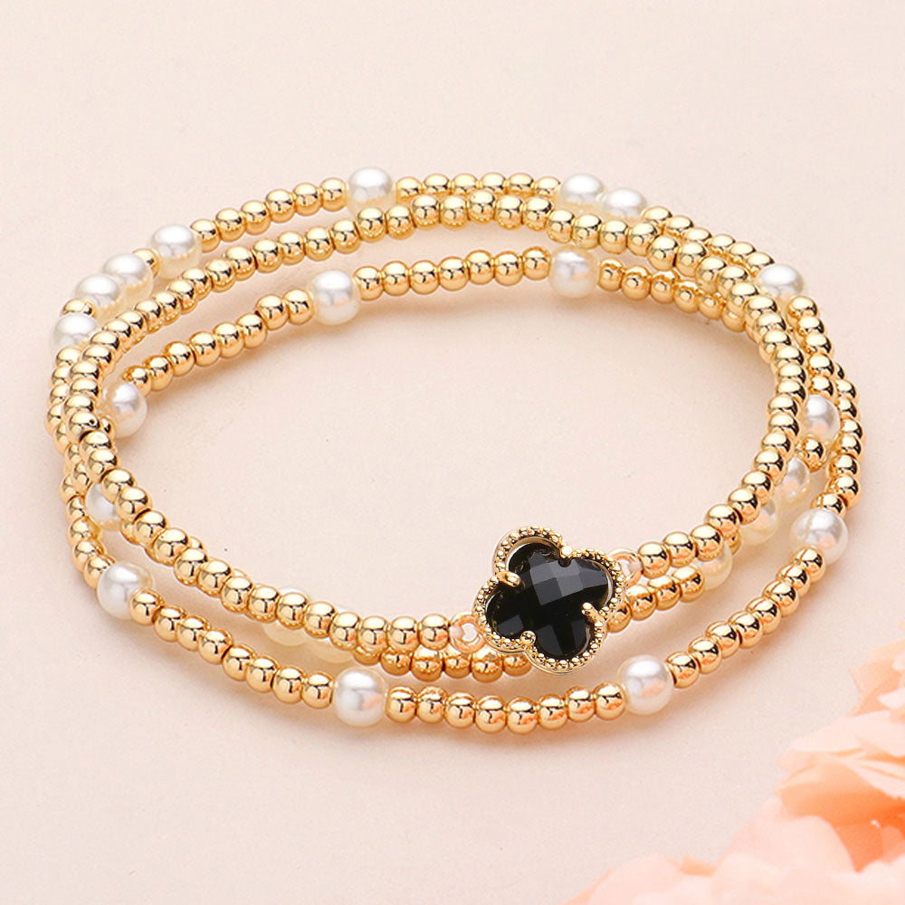 Madeline Love Black, Cream 3PCS - Quatrefoil Pointed Pearl Metal Ball Beaded Stretch Multi Layered Bracelets