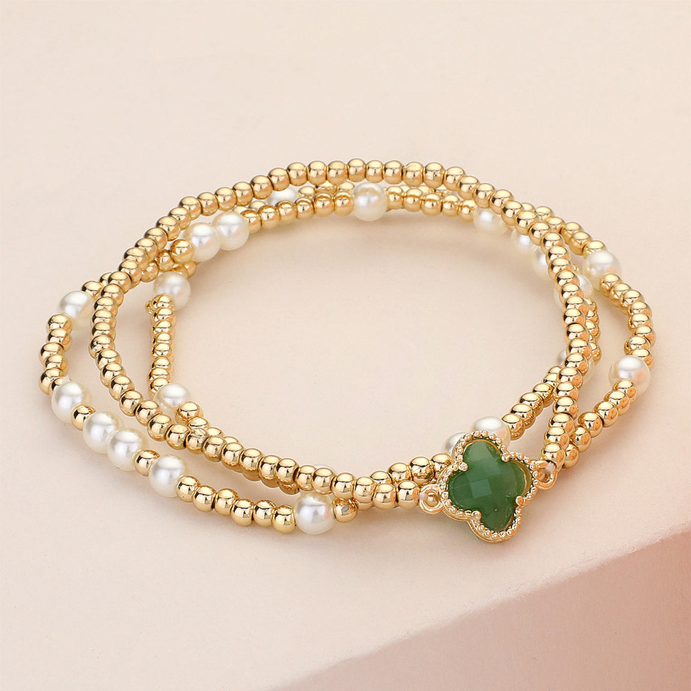 Madeline Love Cream, Green 3PCS - Quatrefoil Pointed Pearl Metal Ball Beaded Stretch Multi Layered Bracelets
