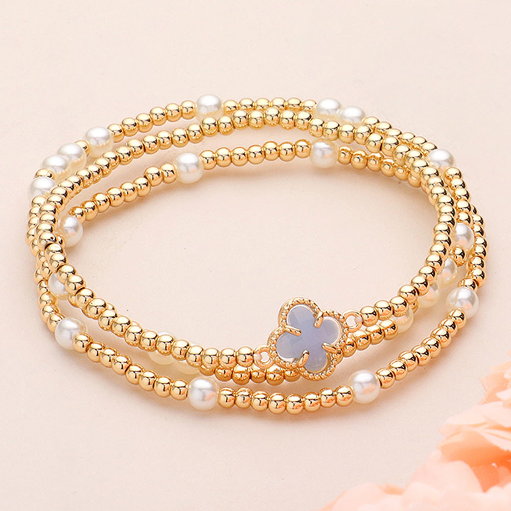 Madeline Love Cream, Light Blue 3PCS - Quatrefoil Pointed Pearl Metal Ball Beaded Stretch Multi Layered Bracelets