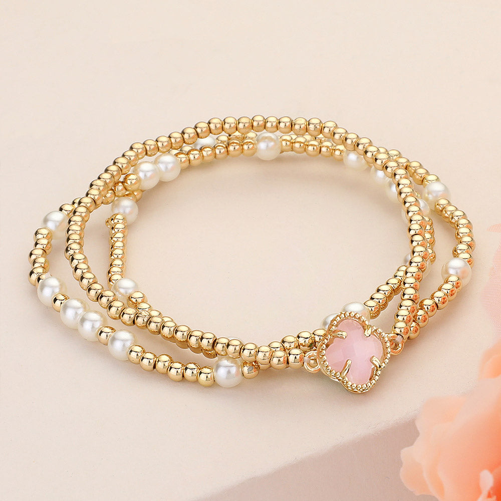 Madeline Love Cream, Pink 3PCS - Quatrefoil Pointed Pearl Metal Ball Beaded Stretch Multi Layered Bracelets
