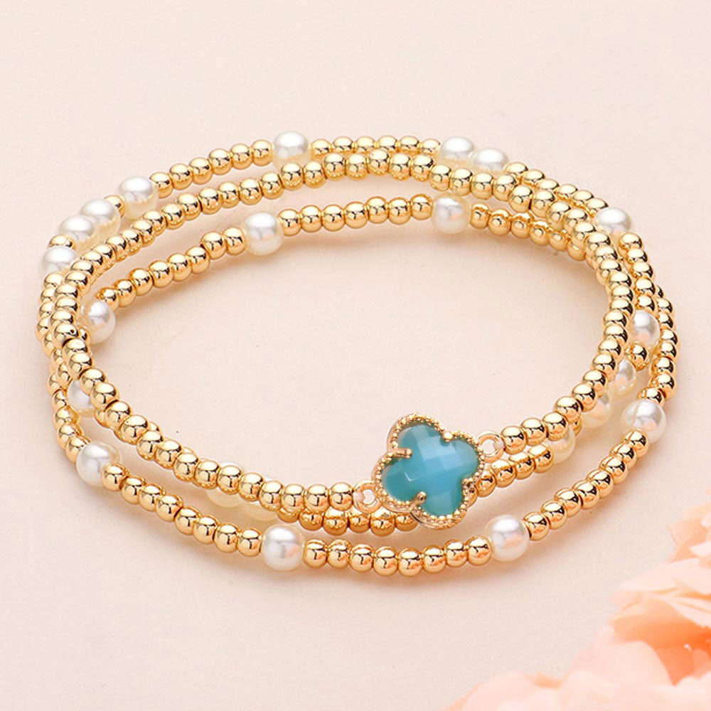 Madeline Love Cream, Turquoise 3PCS - Quatrefoil Pointed Pearl Metal Ball Beaded Stretch Multi Layered Bracelets