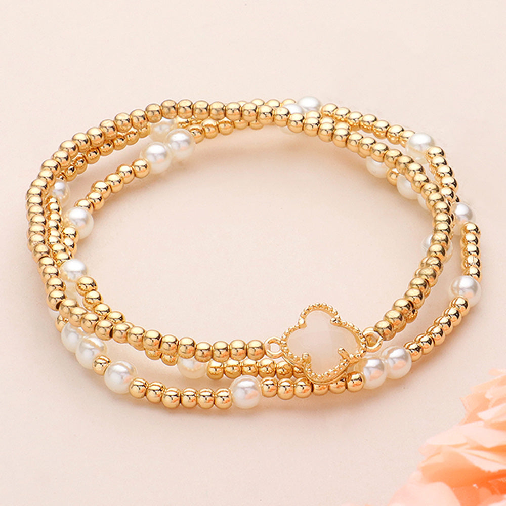 Madeline Love Cream, White 3PCS - Quatrefoil Pointed Pearl Metal Ball Beaded Stretch Multi Layered Bracelets