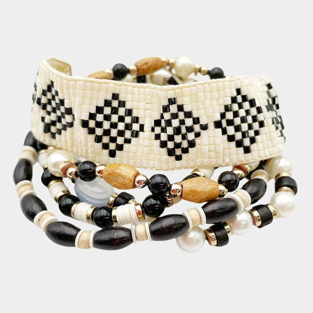 Madeline Love Black, White 5PCS - Boho Patterned Beaded Wood Pearl Bracelets