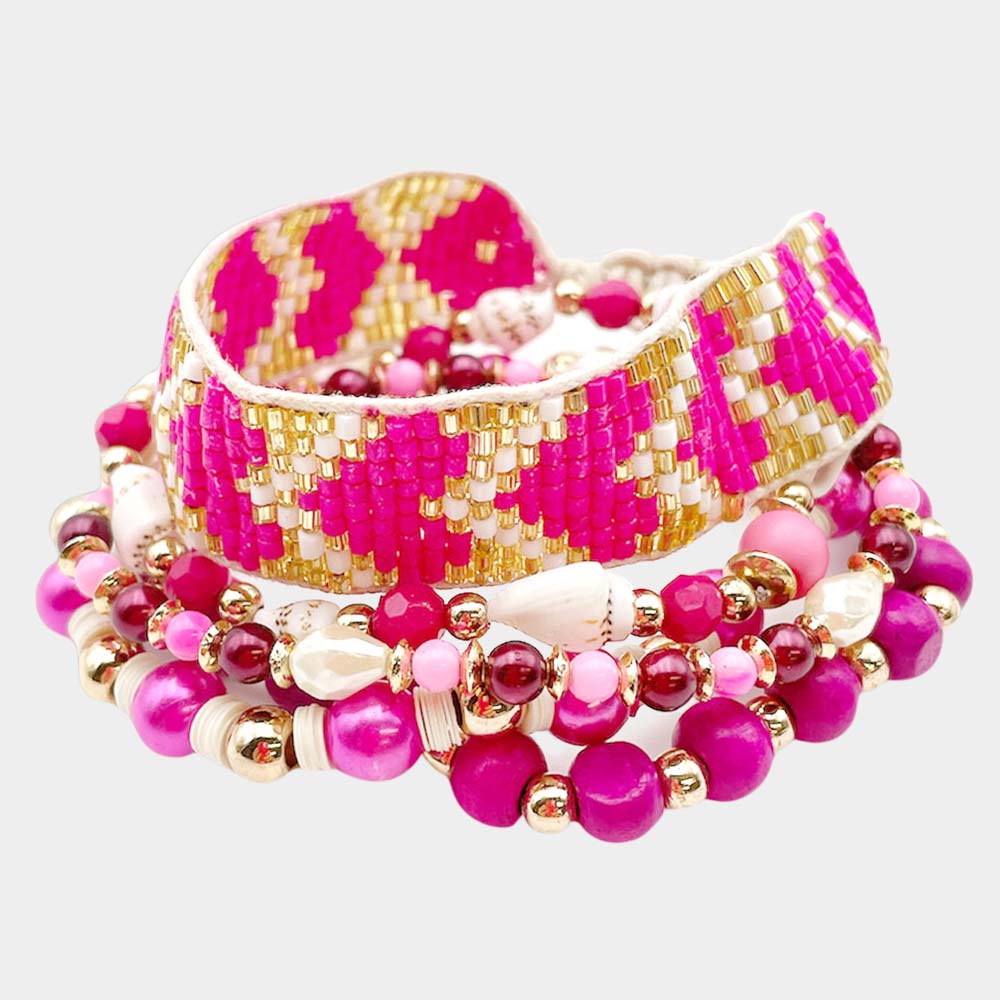 Madeline Love Fuchsia, Multi 5PCS - Chevron Patterned Beaded Wood Conch Bracelets