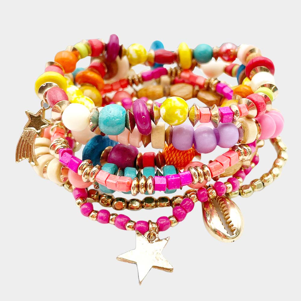 Madeline Love Multi 7PCS - Metal Star Puka Shell Charm Wood Beaded Stretch Bracelets