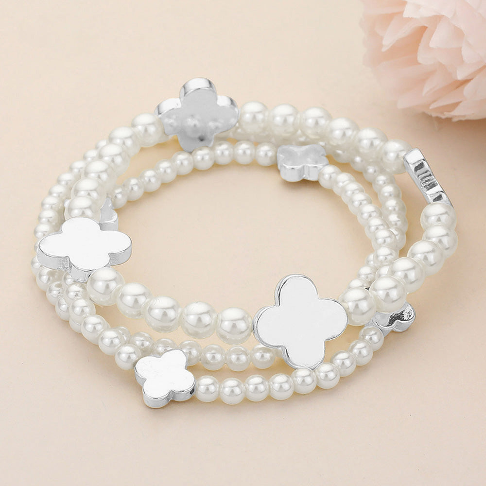 Madeline Love Cream, Rhodium 3PCS - Metal Quatrefoil Pearl Beaded Stretch Multi Layered Bracelets