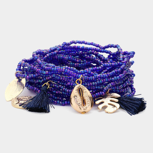 Madeline Love Purple 20PCS - Seed Beaded Tassel Shell Leaf Coin Charm Stretch Multi Layered Bracelets