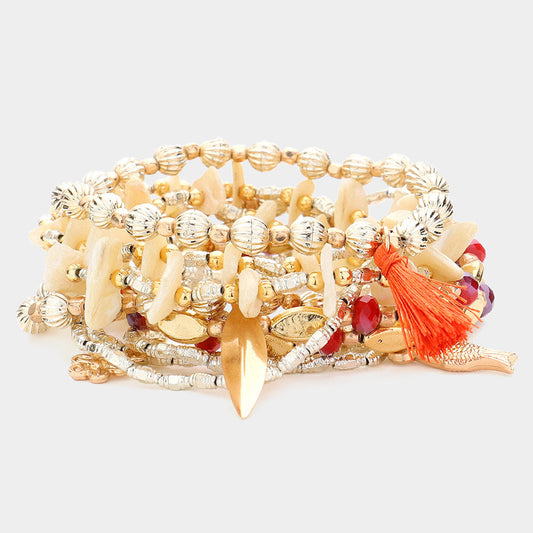 Madeline Love Gold 10PCS - Swirl Metal Disc Tassel Charm Mother Of Pearl Beaded Fish Flower Charms Stretch Multi Layered Bracelets