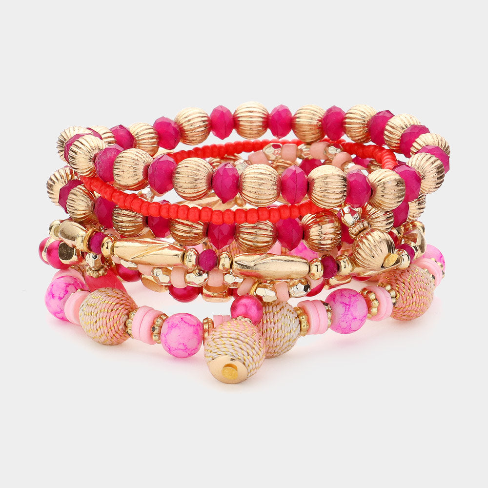 Madeline Love Pink 7PCS - Multi Beads Beaded Layered Bracelets