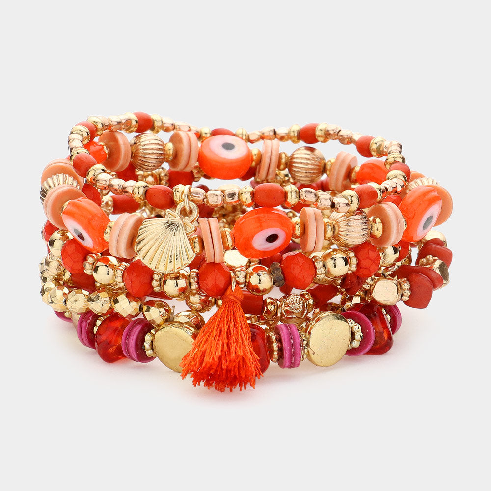 Coral 7PCS - Metal Shell Fish Tassel Charm Evil Eye Wood Metal Beaded Multi Layered Bracelets