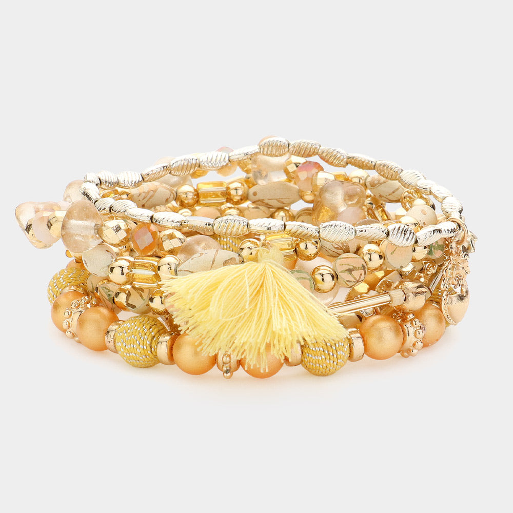 Madeline Love Ivory 8PCS - Metal Shell Heart Tassel Charm Multi Beads Beaded Layered Bracelets