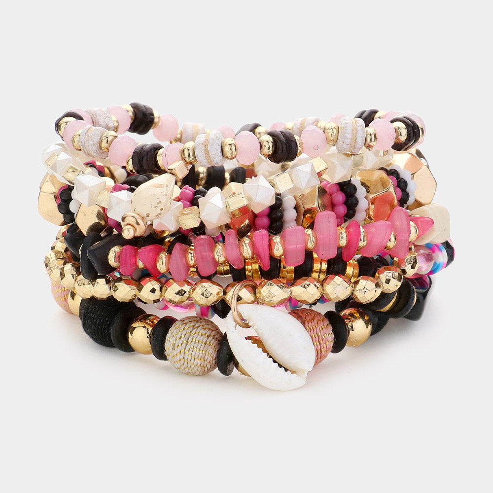Madeline Love Pink 8PCS - Shell Metal Heart Charm Multi Beads Beaded Layered Bracelets
