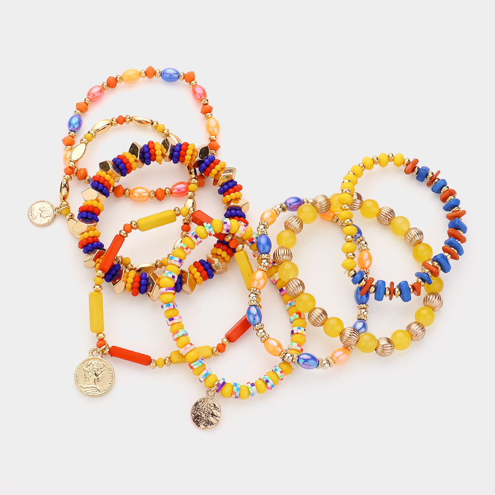 Madeline Love Multi 8PCS - Metal Coin Tree Of Life Charm Multi Beads Beaded Layered Bracelets - desc