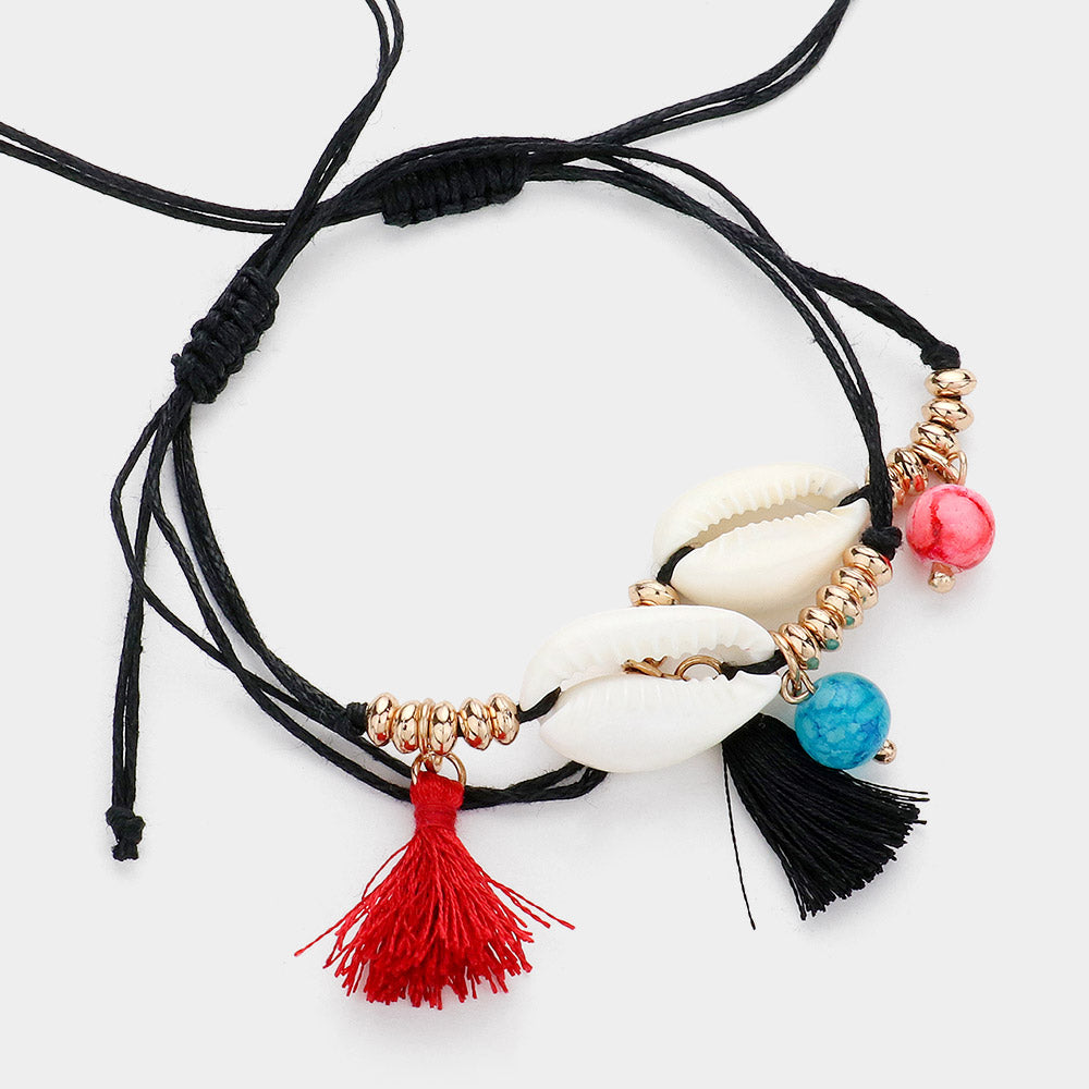Black 2PCS - Puka Shell Tassel Pointed Cinch Pull Tie Bracelets