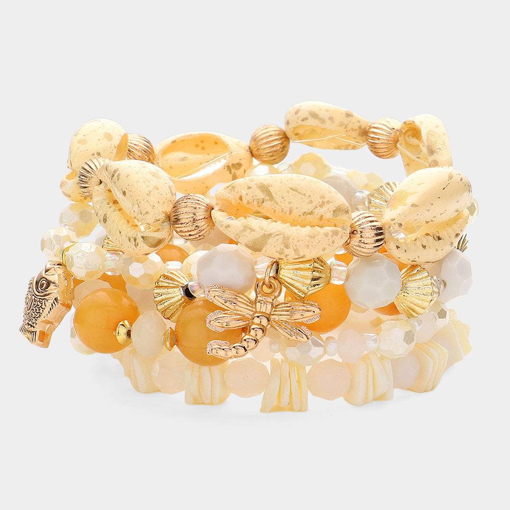 Ivory 6PCS - Puka Shell Pointed Dragonfly Fish Pigeon Charm Faceted Beaded Stretch Multi Layered Bracelets