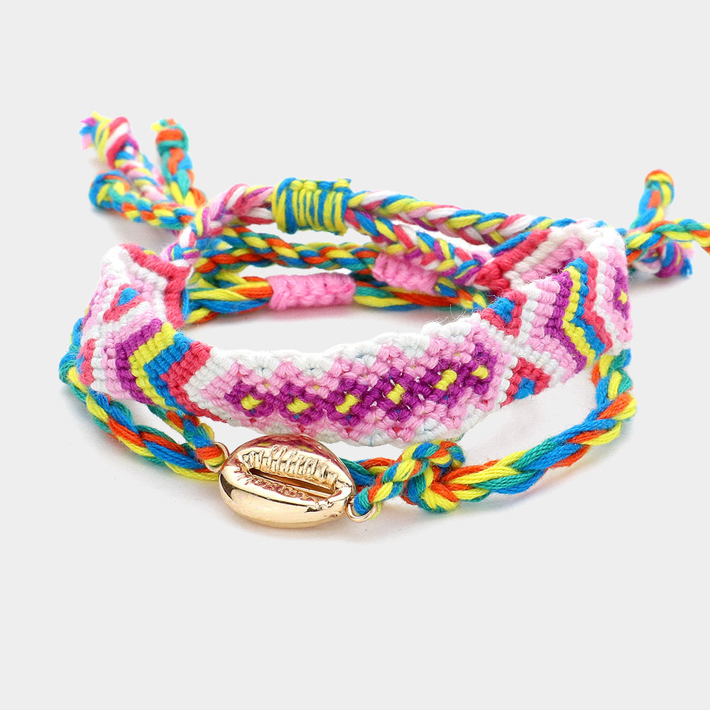 Multi 3PCS - Metal Puka Shell Pointed Thread Braided Aztec Pattern Adjustable Cinch Pull Tie Multi Layered Bracelets