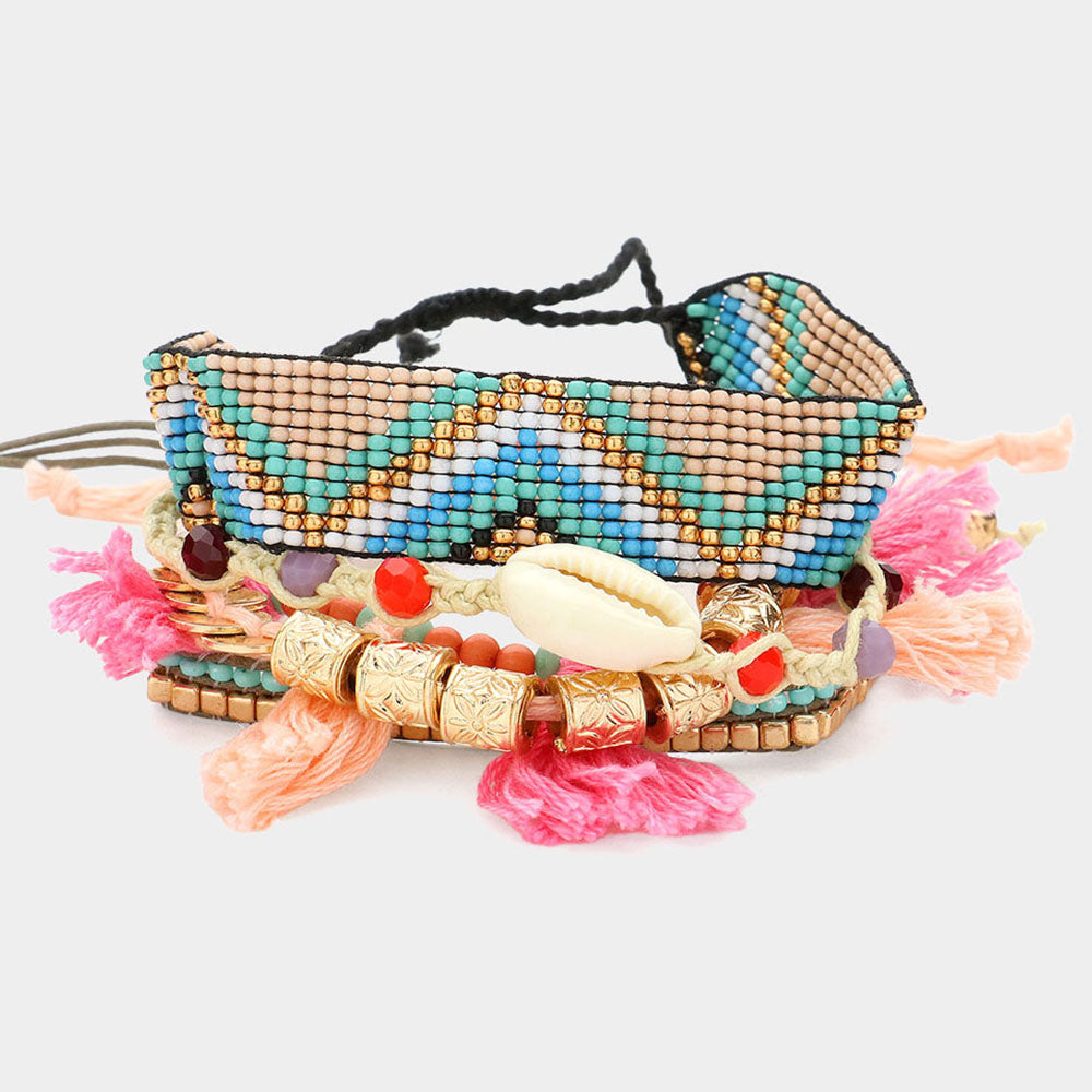 Madeline Love Multi 5PCS - Puka Shell Pointed Aztec Pattern Cinch Pull Tie Tassel Pointed Stretch Multi Layered Bracelets