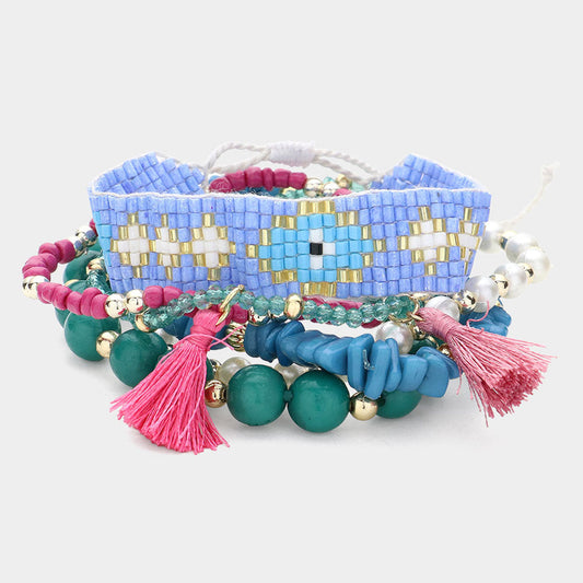 Madeline Love Multi 6PCS - Tassel Pointed Faceted Beaded Pearl Stretch Evil Eye Pointed Beaded Cinch Pull Tie Multi Layered Bracelets