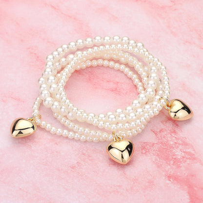 5PCS - Metal Heart Charm Pearl Beaded Stretch Multi Layered Bracelets