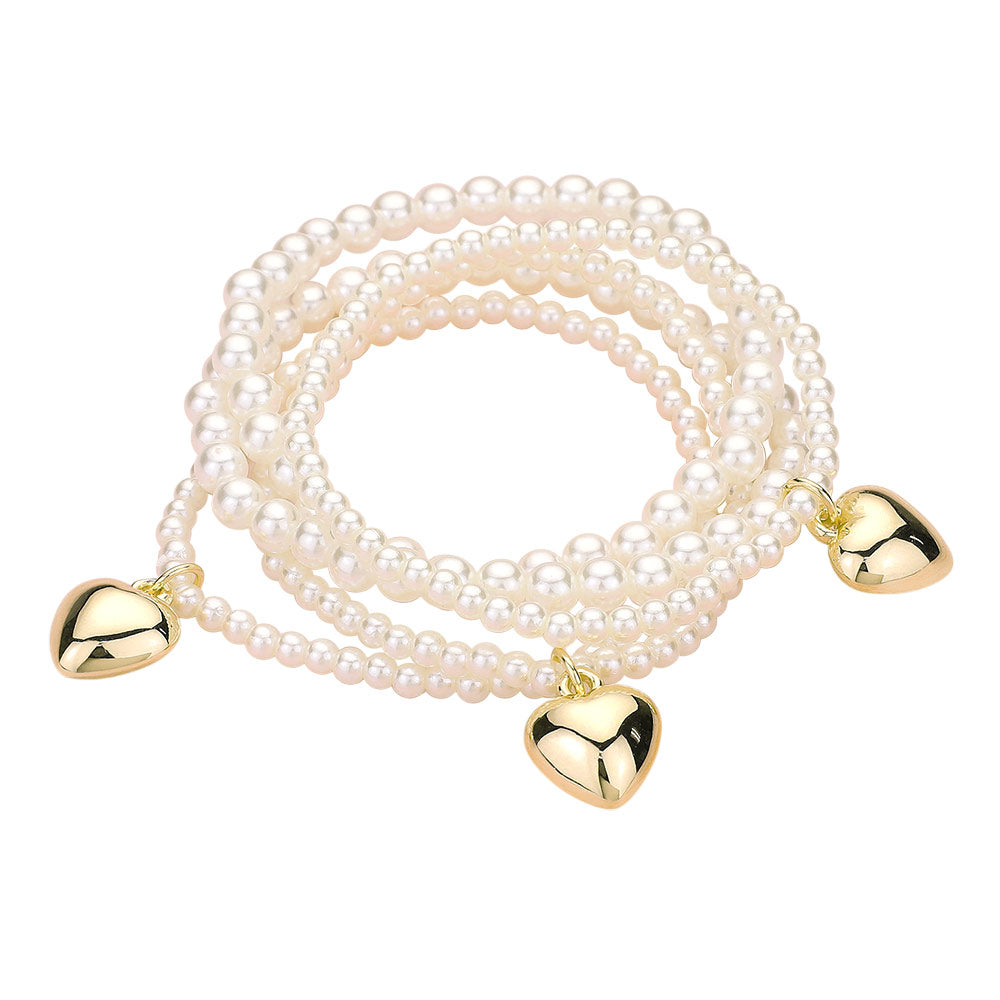 5PCS - Metal Heart Charm Pearl Beaded Stretch Multi Layered Bracelets