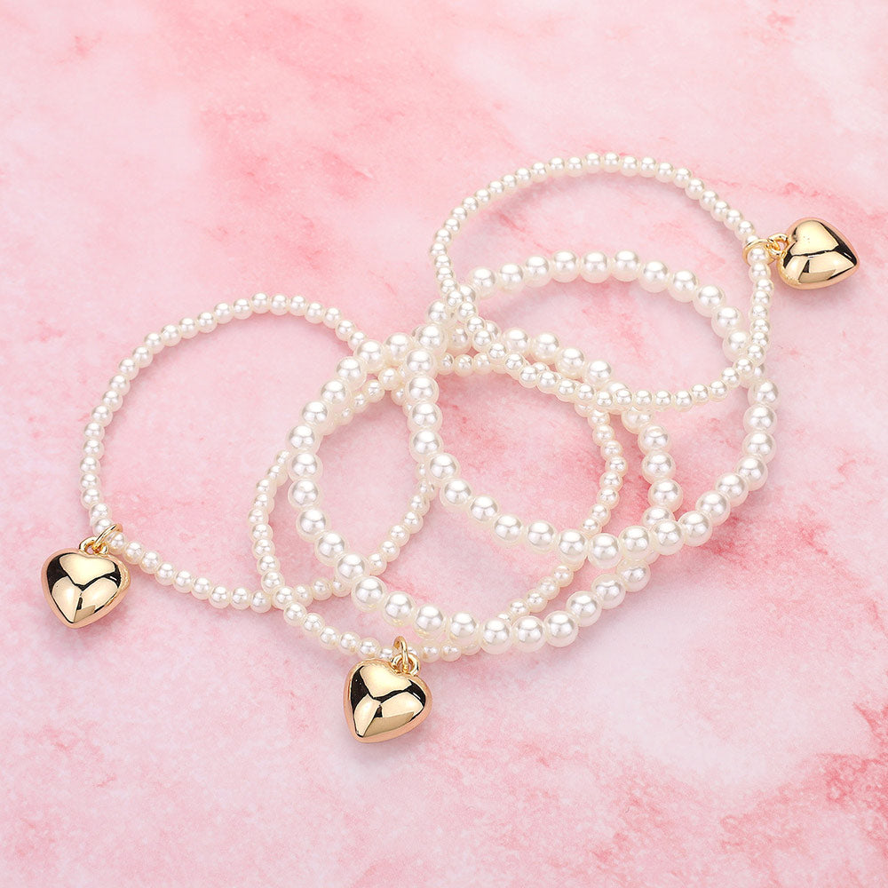 5PCS - Metal Heart Charm Pearl Beaded Stretch Multi Layered Bracelets