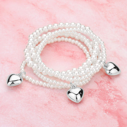 5PCS - Metal Heart Charm Pearl Beaded Stretch Multi Layered Bracelets - Silver White - Bracelets