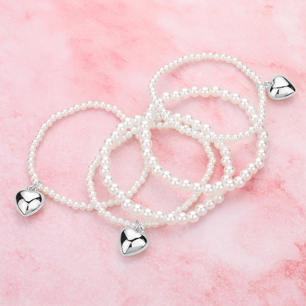 5PCS - Metal Heart Charm Pearl Beaded Stretch Multi Layered Bracelets