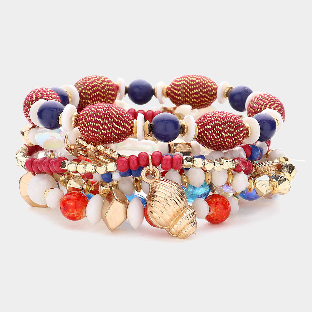 Madeline Love Multi 8PCS - Puka Shell Metal Butterfly Shell Angel Charm Pointed Various Beads Beaded Stretch Multi Layered Bracelet - Bracelets