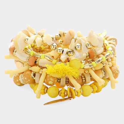 Madeline Love Yellow 8PCS - Wood Multi Beaded Metal Leaf Tassel Charm Stretch Multi Layered Bracelets