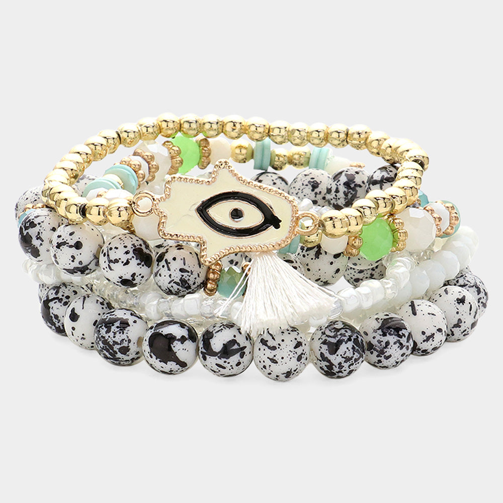 Madeline Love White 8PCS - Eveil Eye Hamsa Hand Pointed Tassel Charm Various Beads Beaded Stretch Multi Layered Bracelets