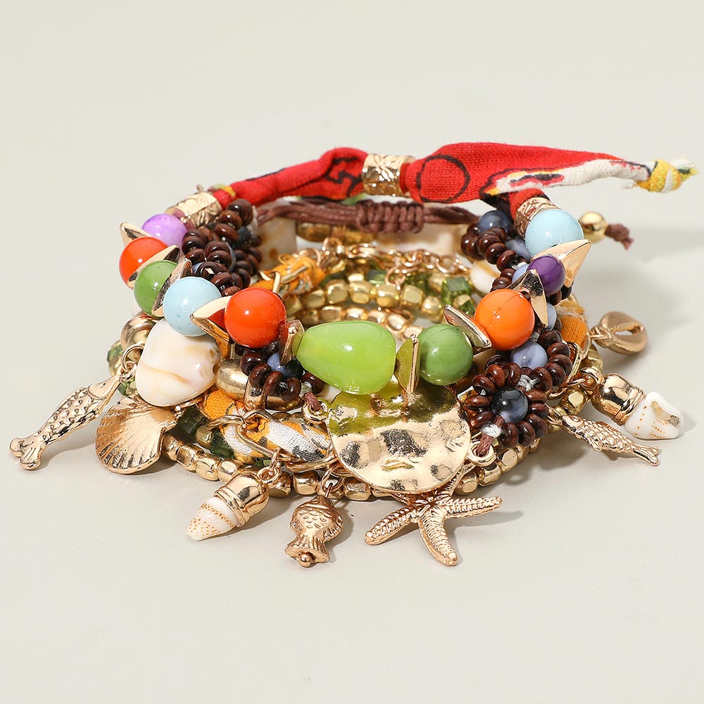 Madeline Love Multi 8PCS - Boho Starfish Fish Shell Charm Beaded Stretch Adjustable Multi Layered Bracelets