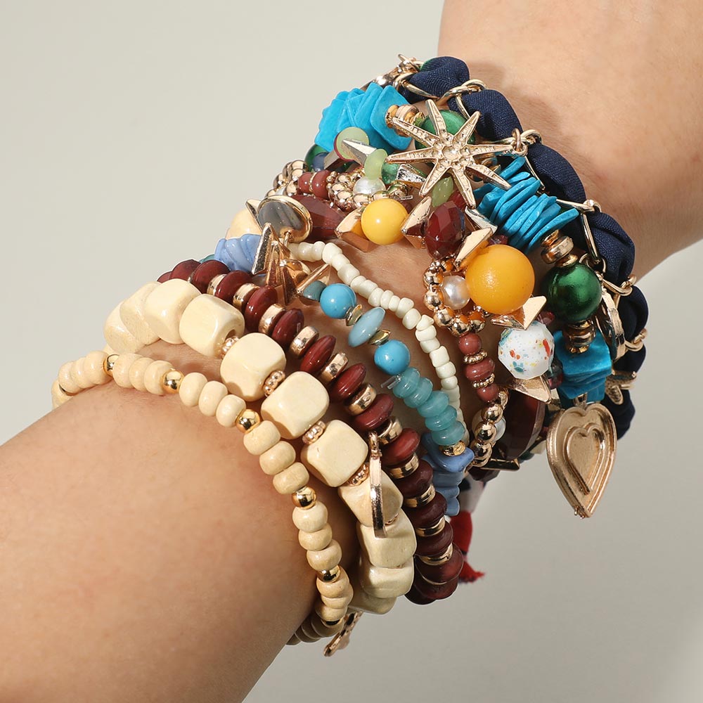Madeline Love Multi 10PCS - Decorative Heart Fish Star Charm Wooden Pearl Beaded Stretch Adjustable Multi Layered Bracelets