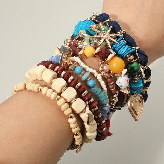 Madeline Love Multi 10PCS - Decorative Heart Fish Star Charm Wooden Pearl Beaded Stretch Adjustable Multi Layered Bracelets