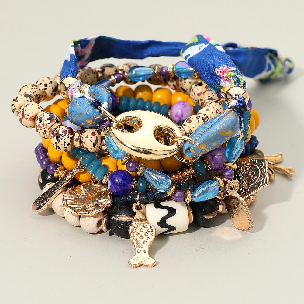 Madeline Love Multi 11PCS - Mixed Bird Fish Charm Beaded Stretch Adjustable Multi Layered Bracelets