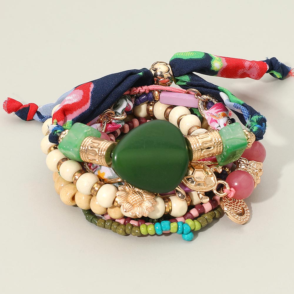 Madeline Love Multi 10PCS - Boho Flower Turtle Charm Accent Wood Beaded Stretch Adjustable Multi Layered Bracelets