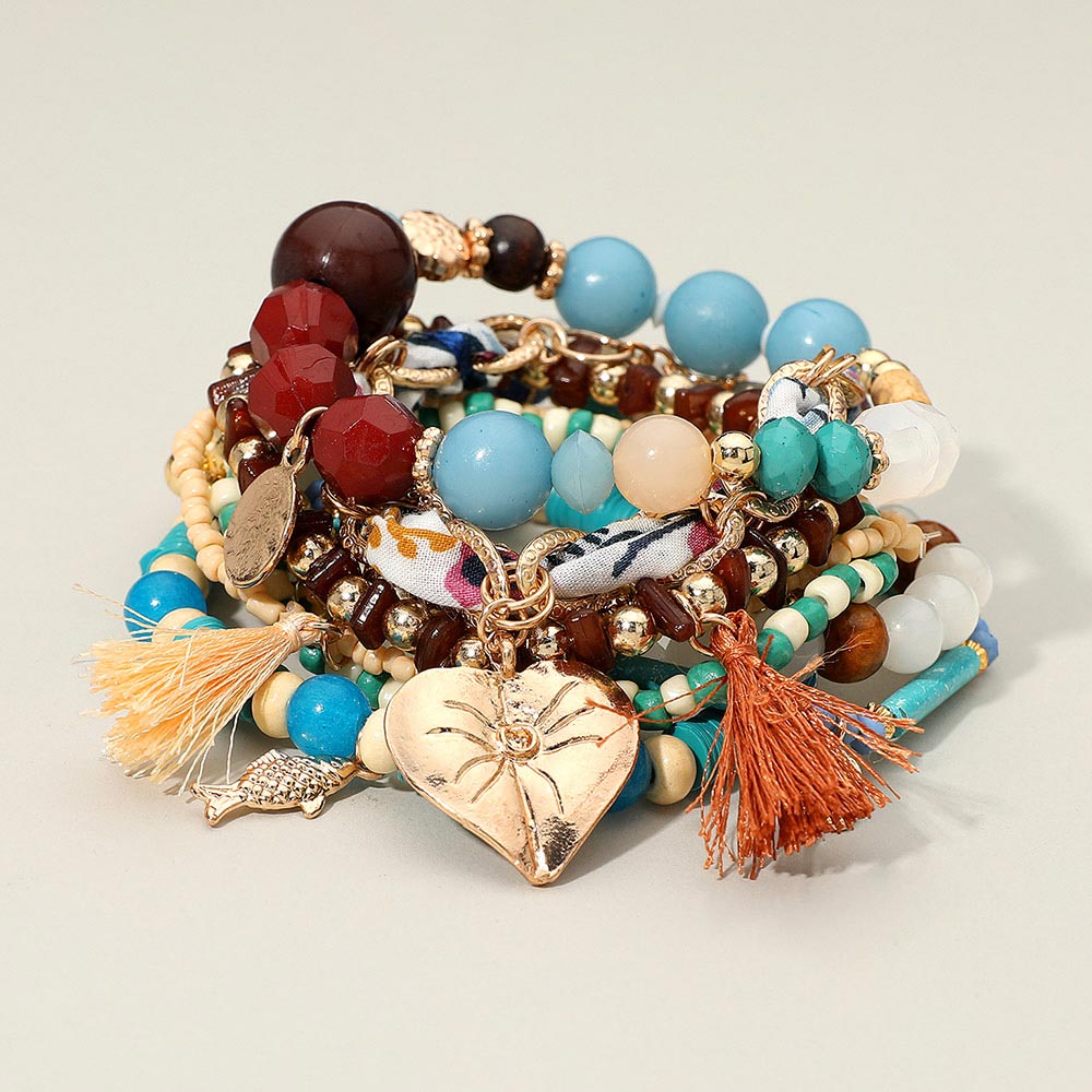 Madeline Love Multi 10PCS - Boho Heart Tassel Fish Charm Beaded Stretch Adjustable Multi Layered Bracelets