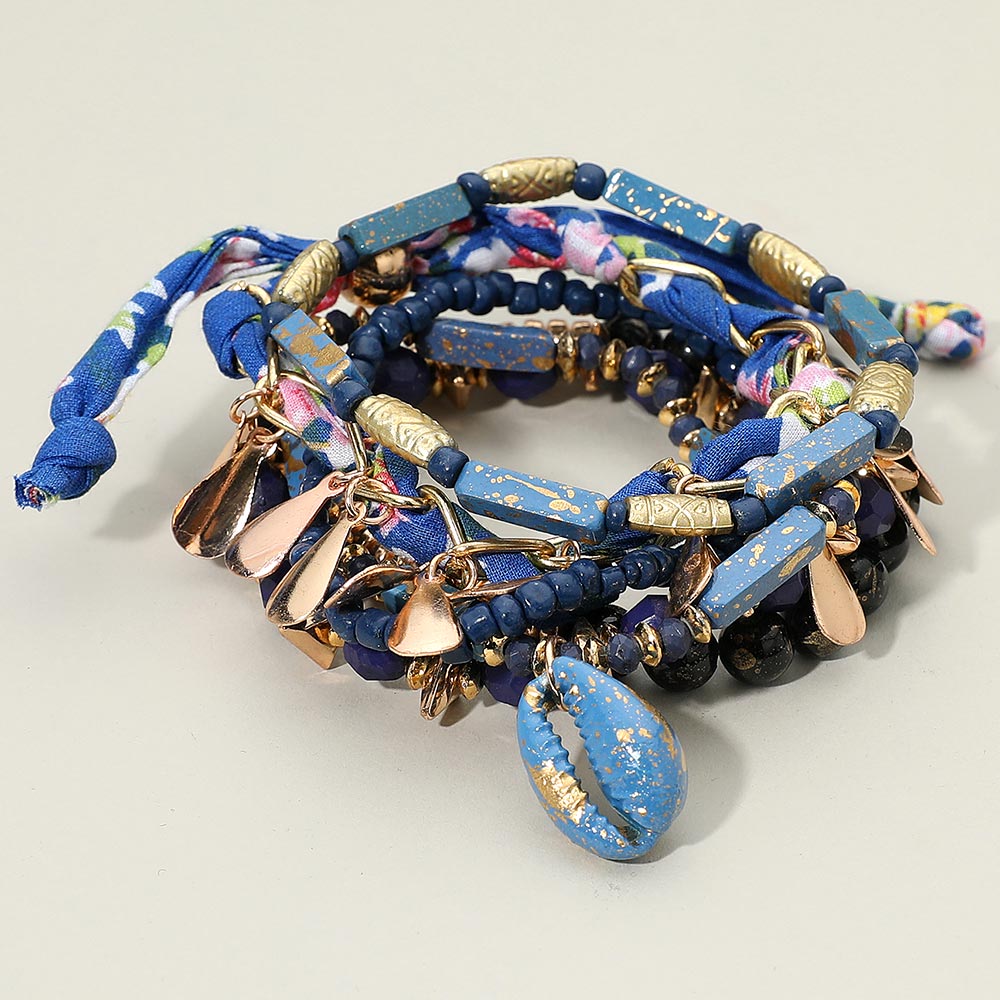Madeline Love Blue 6PCS - Boho Conch Shell Charm Accent Beaded Stretch Adjustable Multi Layered Bracelets