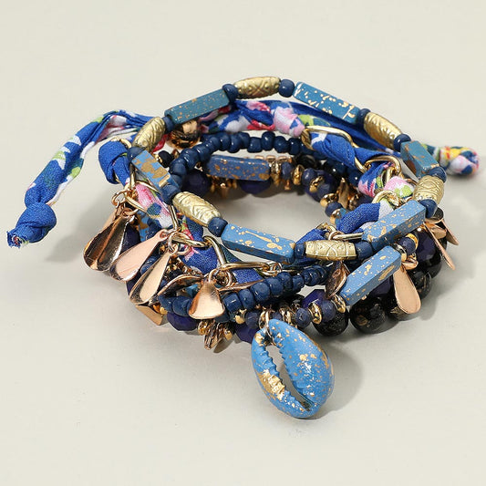 Madeline Love Blue 6PCS - Boho Conch Shell Charm Accent Beaded Stretch Adjustable Multi Layered Bracelets