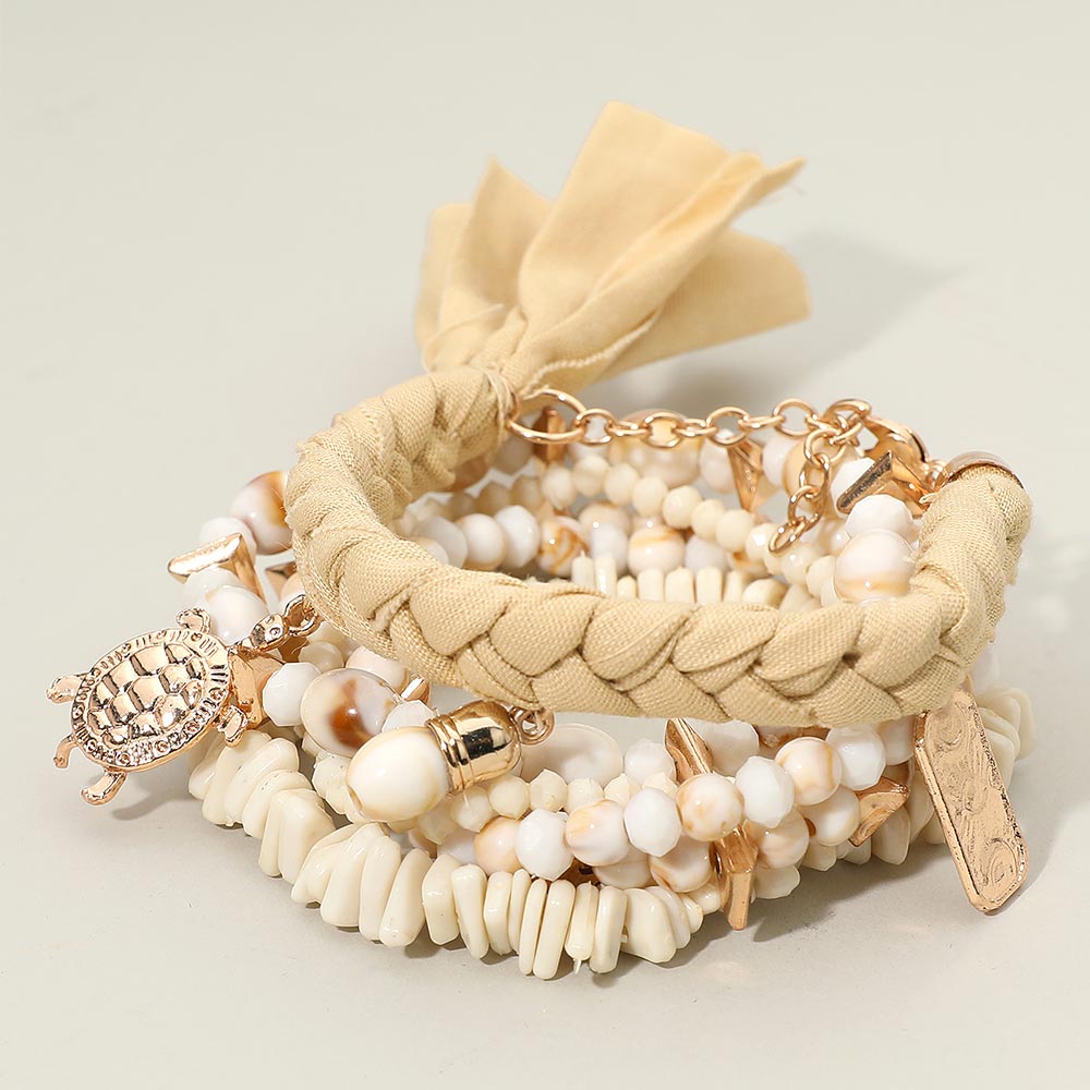 Madeline Love Neutral 6PCS - Boho Turtle Beach Theme Charm Beaded Stretch Multi Layered Bracelets - desc